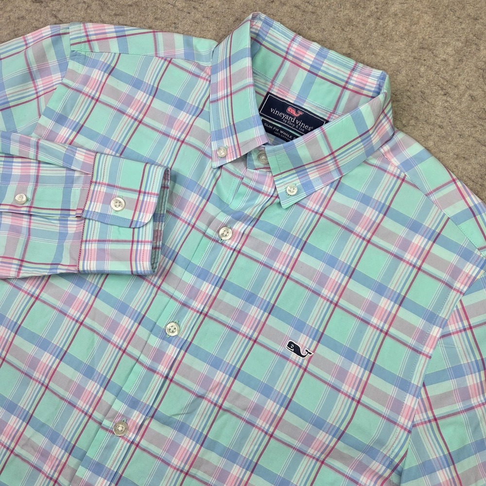 Vineyard Vines Slim Fit Whale Shirt Mens S Blue Pink Plaid Long Sleeve Button